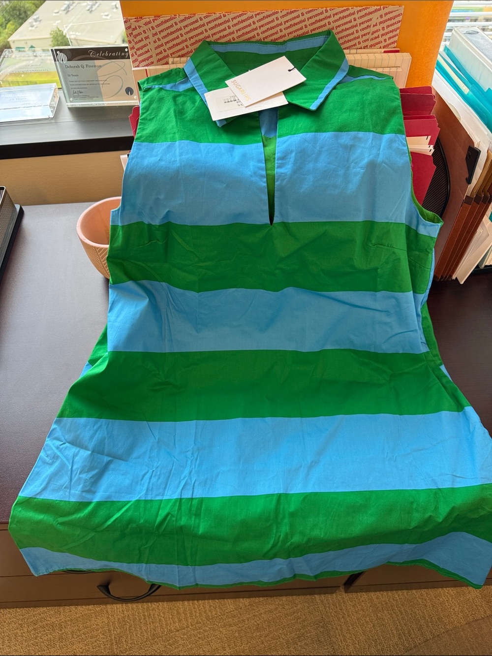 Sugarlips Green and Blue Striped Sleeveless Collared Dress